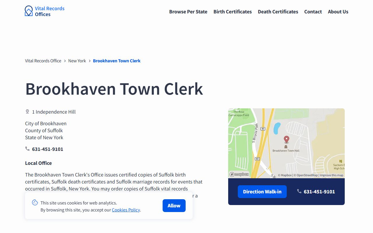 Brookhaven Town Clerk Information for New York birth records