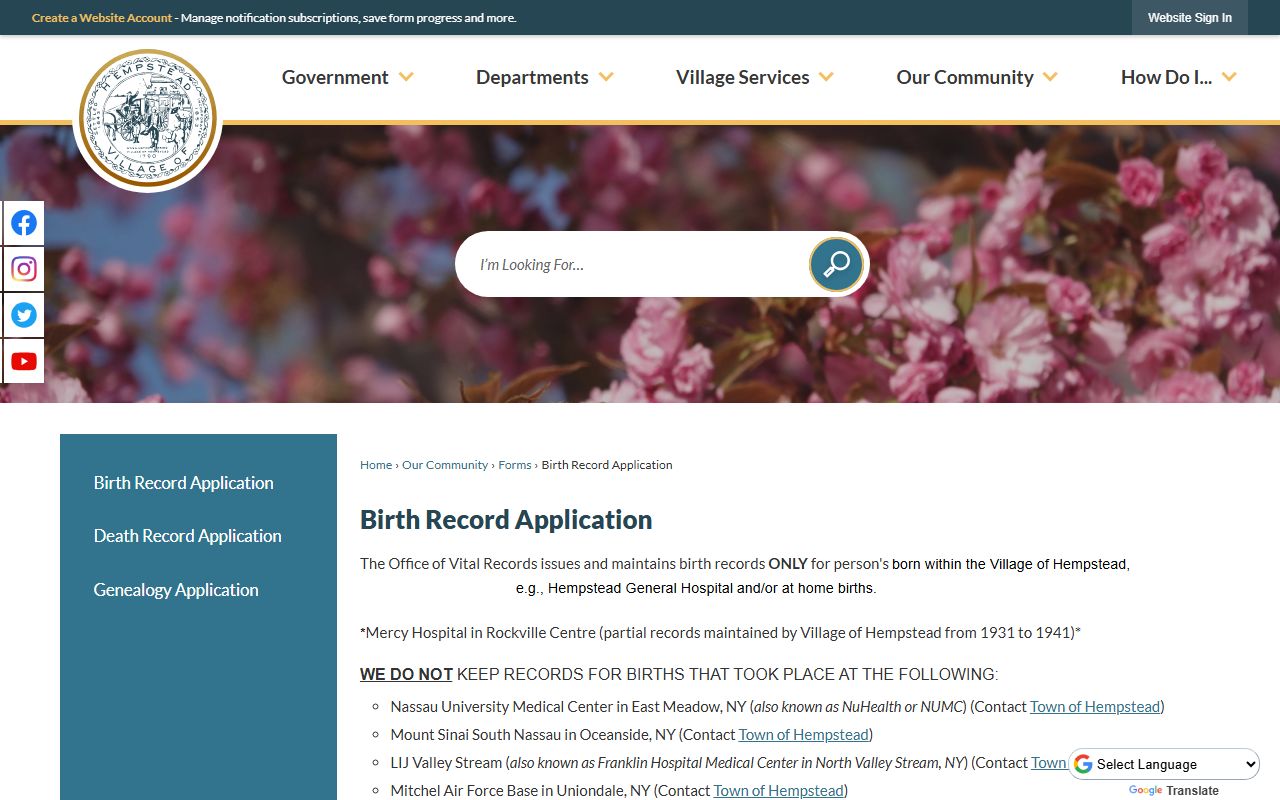 Hempstead Birth Record Application for New York birth records