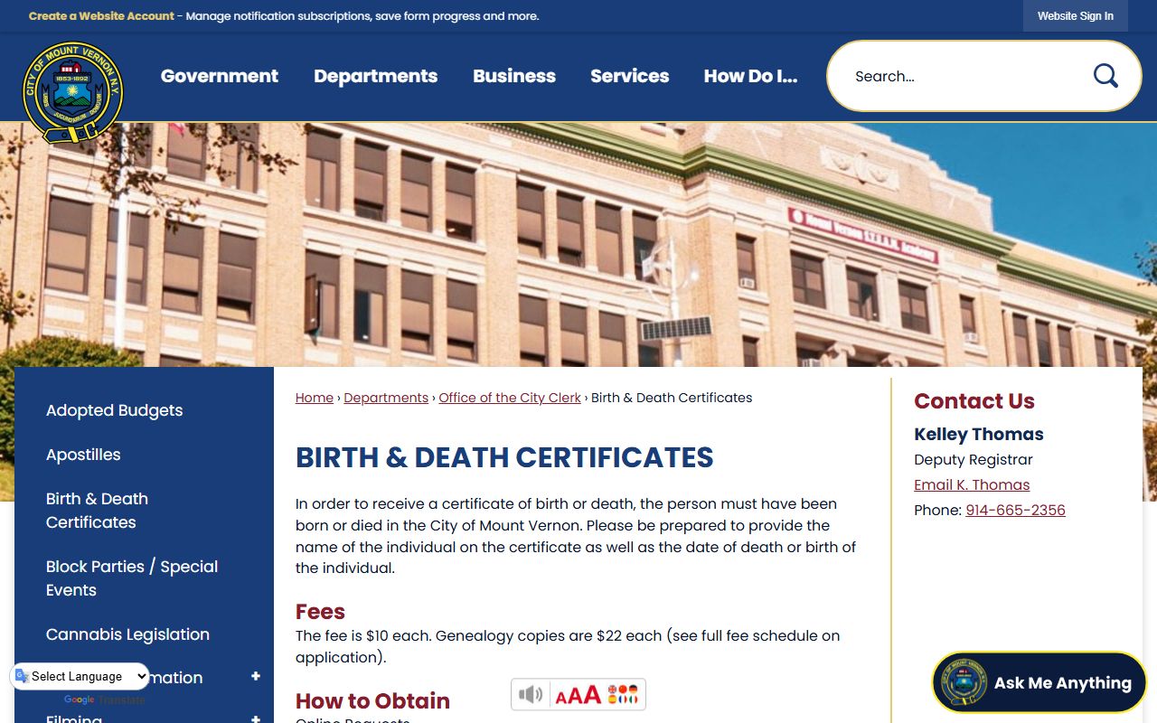 Mount Vernon Birth Death Certificates for New York birth records