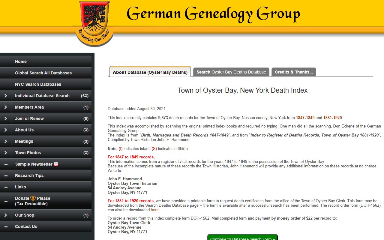 Oyster Bay Death Records Index for New York birth records