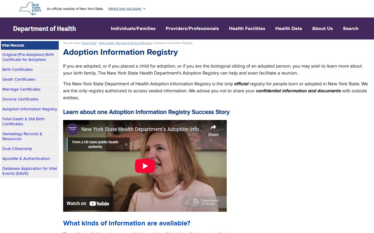 NYS Adoption Information Registry for New York birth records