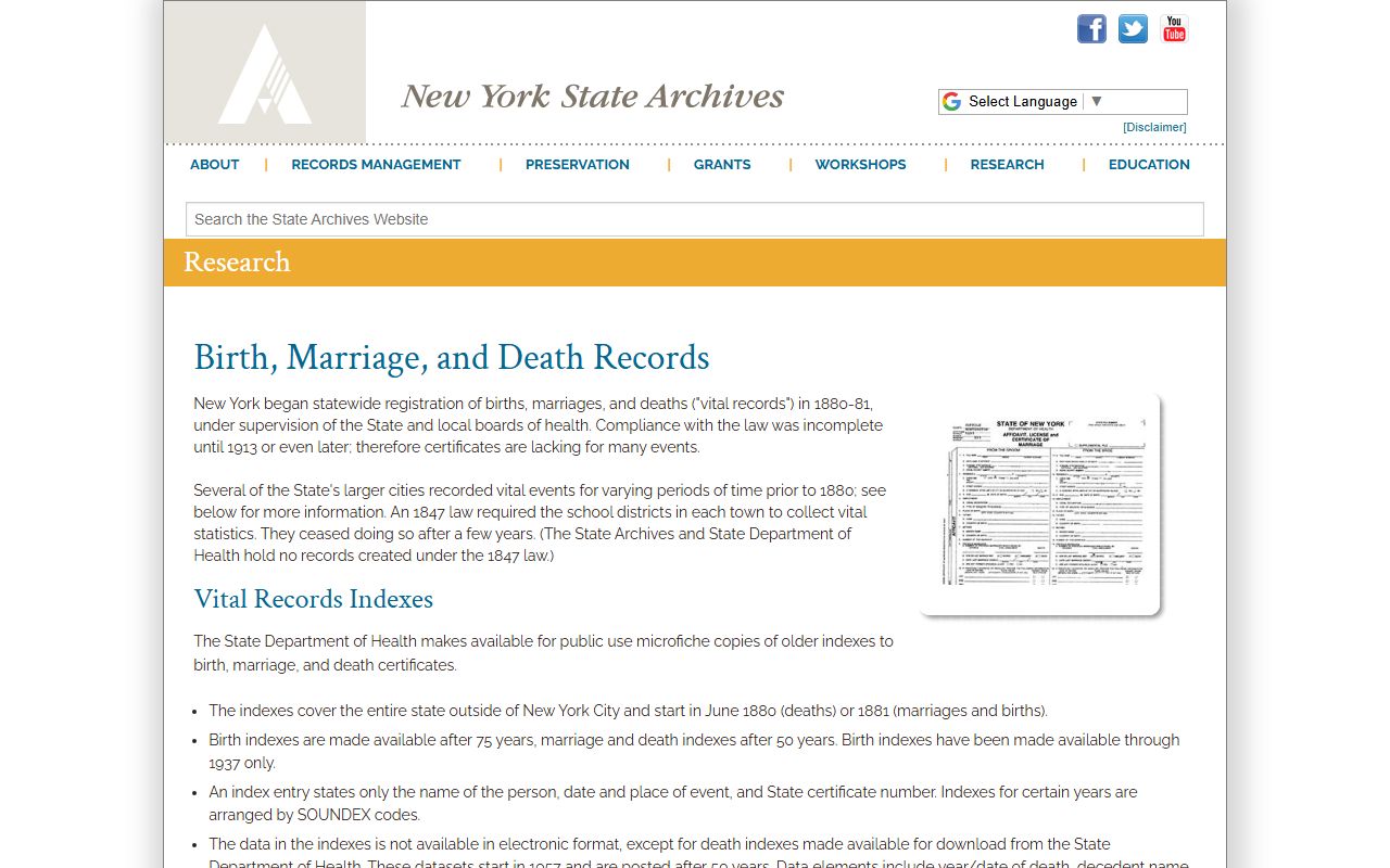 NYS Archives vital records research page for New York birth records