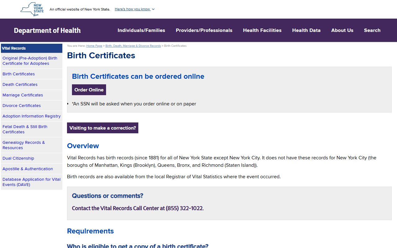 New York birth records ordering page on NYS DOH website