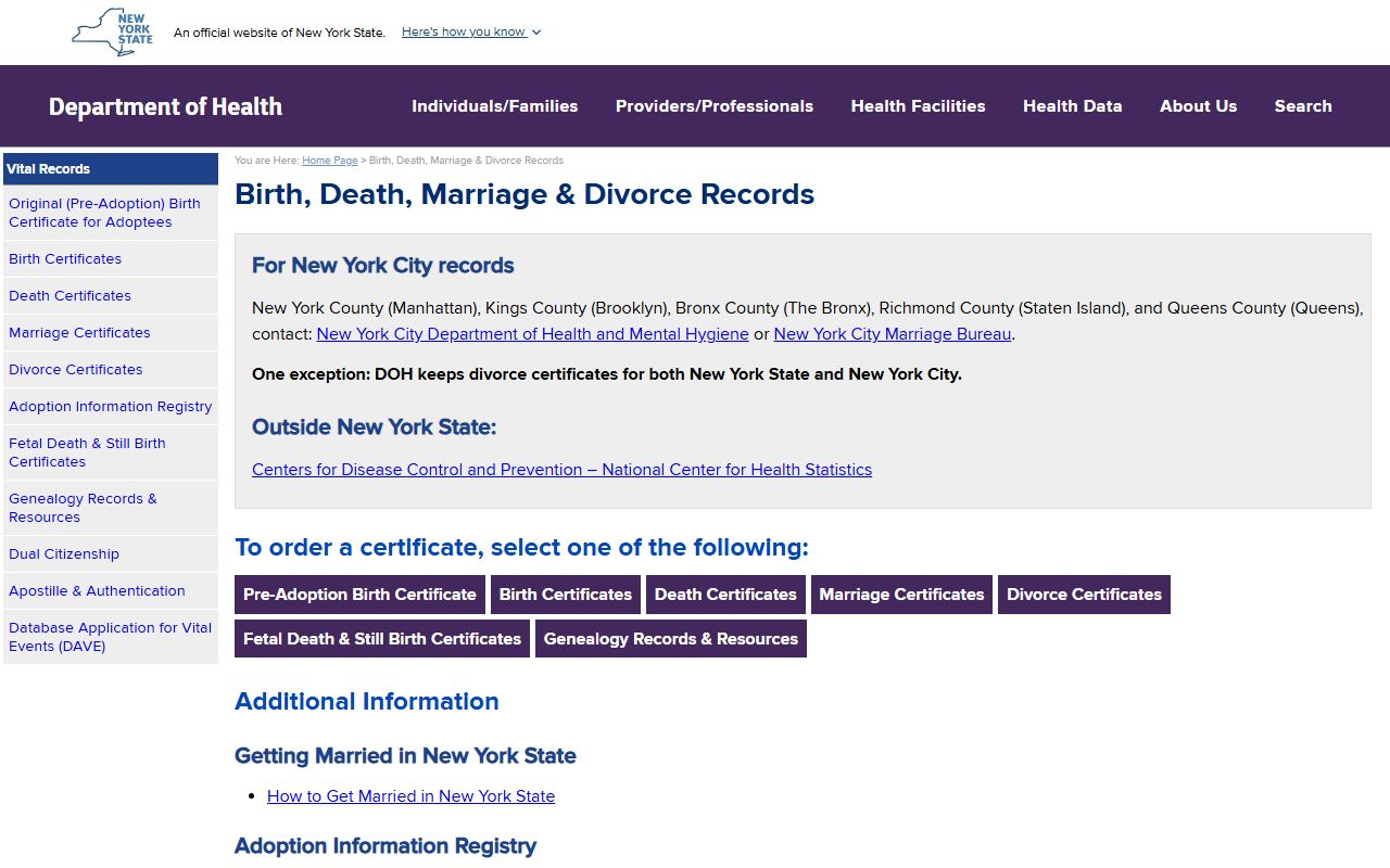 New York birth records NYS DOH Vital Records main page