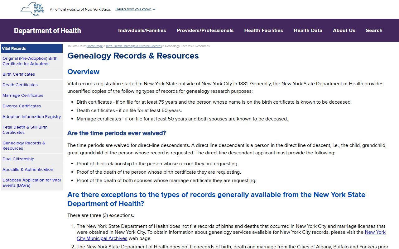 New York birth records genealogy research page on NYS DOH